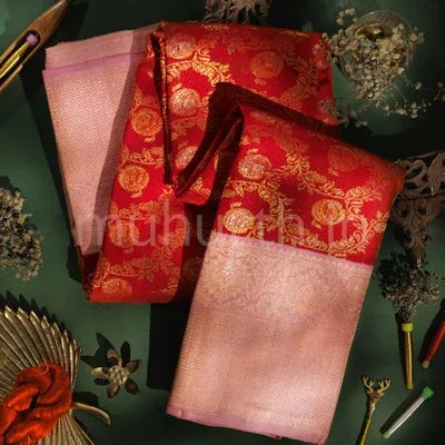 Bright Red Pure Meenakari Kanjivaram Silk Saree with Peach
